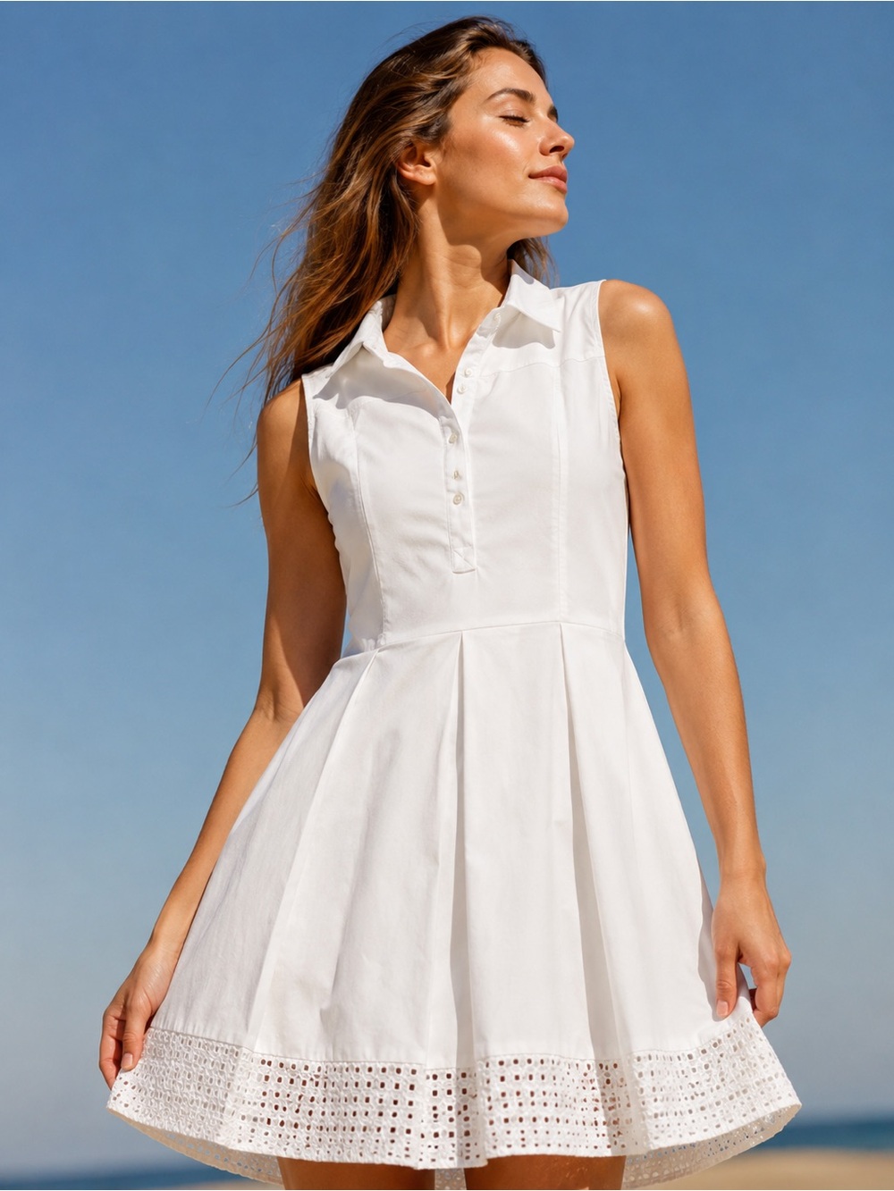 Liz Claiborne Cotton White Sleeveless Collared Mini Dress